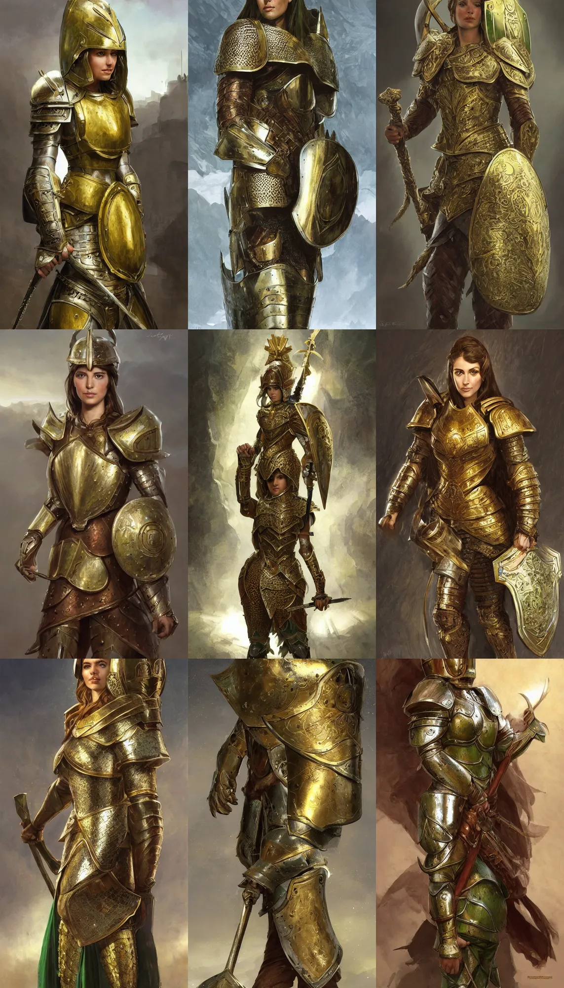 Prompt: full body portrait of a female italian warrior medium length brown hair and a very highly detailed face wearing elegant golden plate mail armor with green and white cloth, holding a rectangular tower shield, very highly detailed, artstation, cgsociety, realistic character concept art, sharp focus, by michael komarck, greg rutkowski, artgerm, and alphonse mucha
