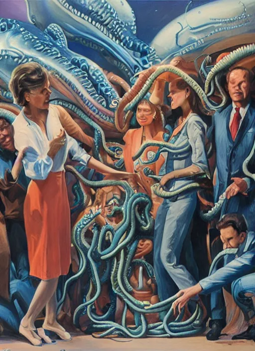 Image similar to a group of people standing around a cardboard box full of tentacled alien babies, an ultrafine detailed painting by john philip falter, shutterstock, american scene painting, movie still, concert poster, poster art