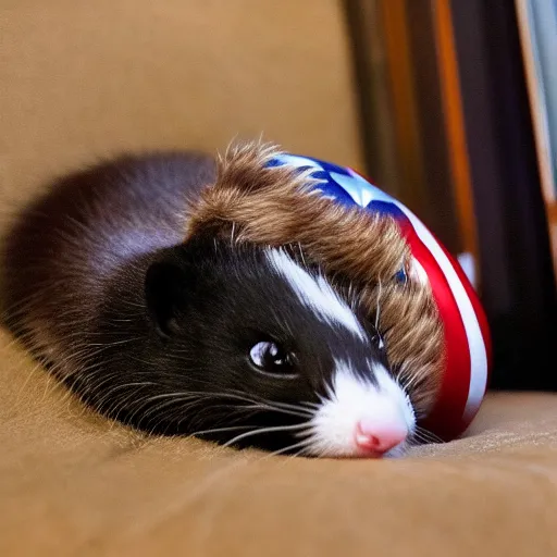 Prompt: A ferret is cuddling Captain America