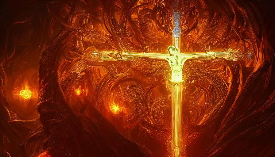 Image similar to sign of the cross, glowing, fantasy, circuitry, explosion, dramatic, intricate, elegant, highly detailed, digital painting, artstation, concept art, smooth, sharp focus, illustration, art by gustave dore, octane render