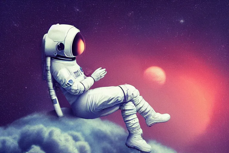 Prompt: a cute astronaut girl sitting on a cloud relaxing, misty, digital art, hazy, foggy, red lighting, ambient lighting, 8 k,