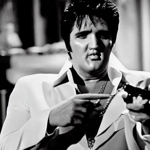Prompt: elvis as tony montana in scarface with a tommy gun