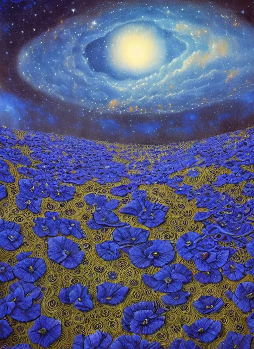 Image similar to detailed, intricate blue black and purple papaverum flower on the field, nebula, galaxy in the sky, winning award masterpiece, fantastically beautiful, illustration, aestheticly inspired, jacek yerka, upscale with anguissola sofonisba work, artstation, 8 k