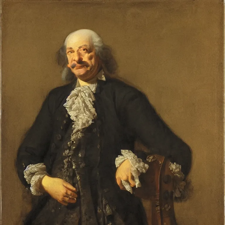 Image similar to portrait of a 60 years old strict looking man, bald patch, sqare-jawed in 17th century clothing, painting by Rosalba Carriera, Anton Mengs, Thomas Gainsborough, Élisabeth Vigée-Lebrun.