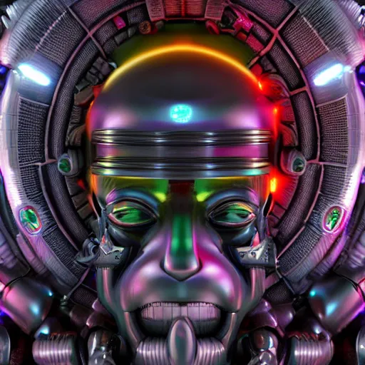 Image similar to a glossy claymodel of a dieselpunk aztec futuristic robot head with eeg probes, 8 k, front shot, symetrical, flourescent colors, halluzinogenic, multicolored, insanely detailed, 3 d render, octane