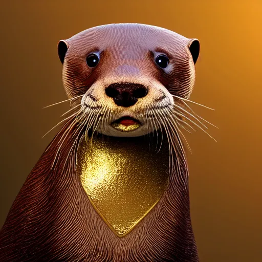 Prompt: river otter wearing crown surrounded by gold, expression, photo realistic, dramatic cinematic lighting, octane render, 4k, ultra detailed