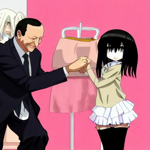 Image similar to realistic recep tayyip erdogan hugging pink anime girl with thigh highs and skirt, anime style,