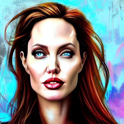 Prompt: a digital painting of angelina jolie in the rain with red and blonde hair, cute - fine - face, pretty face, cyberpunk art by sim sa - jeong, cgsociety, synchromism, detailed painting, glowing neon, digital illustration, perfect face, extremely fine details, realistic shaded lighting, dynamic colorful background