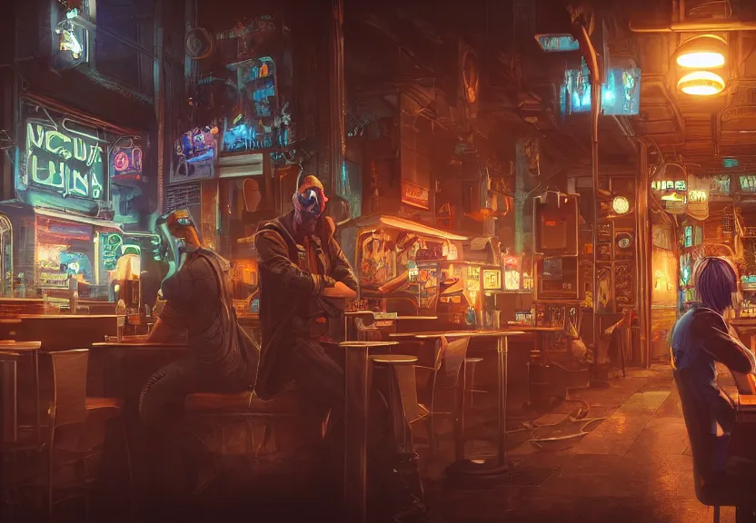 Prompt: a smug male goblin punk sitting in a cafe in a cyberpunk city, sharp focus, highly detailed face, 8k, unreal engine 5, cinematic lighting, vivid elegant fantasy concept art, character art, stern neon atmosphere, artstation, deep complimentary colors, volumetric lighting, photorealistic, hyperdetailed 3D matte painting, hyperrealism, hyperrealistic masterpiece