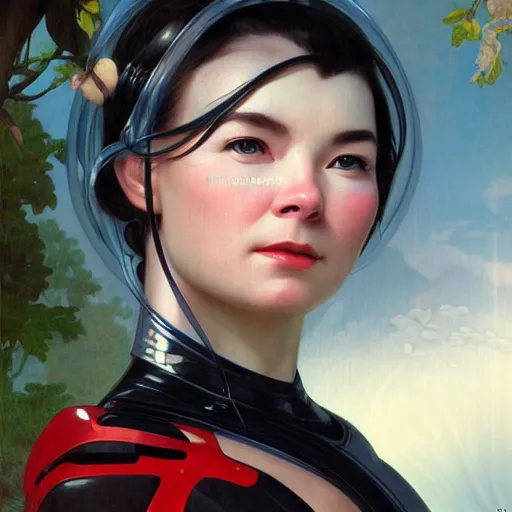 Image similar to portrait of bjork as android, 8 k highly detailed, sharp focus, illustration, art by artgerm, mucha, bouguereau