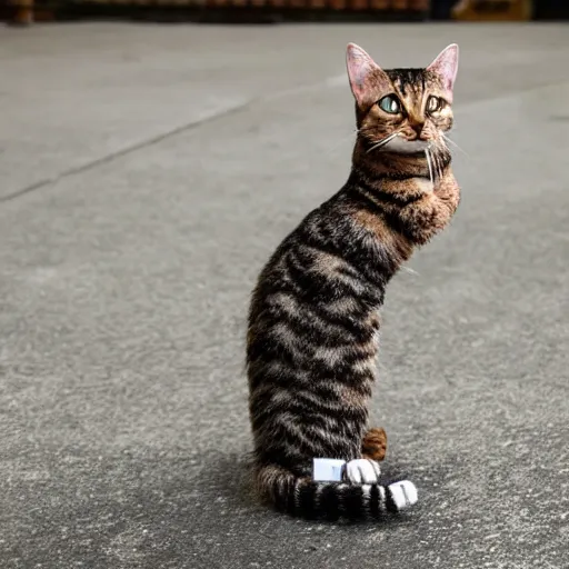 Prompt: a fantasy tabby cat standing upright on two legs. highly detailed. it is on a corner holding and holding a blank picket sign. 4 k.