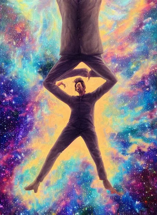 Image similar to alan watts laying down floating in the universe full body romanticism style painting highly detailed realism, featured on artstation