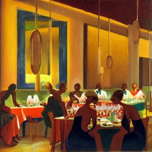 Image similar to dark skinned people eating at a regal buffet ultra detailed beautiful setting elegant event nigerian party minimalist gold ornaments iridescent lighting in the style of edward hooper and henri matisse oil painting