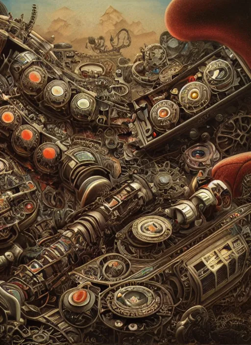 Image similar to highly detailed wide - angle portrait of a retro mechanical centipede, nicoletta ceccoli, mark ryden, lostfish, earl nore, hyung tae, frank frazetta, global illumination, detailed and intricate environment