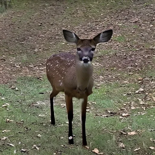 Prompt: trail cam footage of a deer with no head, low quality cursed video