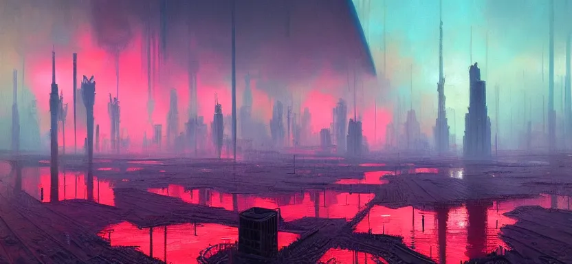 Image similar to beautiful masterpiece painting of a dystopian city in a future radioactive glowing swamp, by Remedios Varo and Anato Finnstark and Greg Rutkowski, dayglo pink, dayglo blue, by Craig Mullins, ilya kuvshinov, krenz cushart, artgerm, 8k, trending on ArtStation