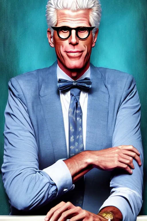 Image similar to a painting of ted danson in the good place, art by robin eley