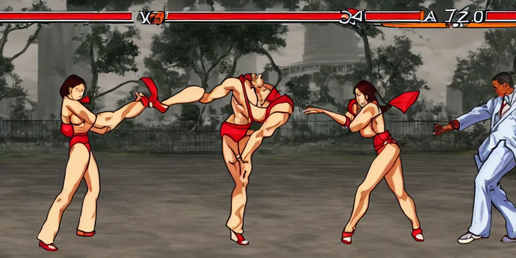 Image similar to Obama fighting against Mai Shiranui in King of the fighters 97, Gameplay, Screenshot, KOF97