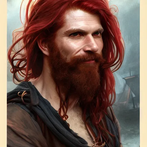 Prompt: portrait of a young ruggedly handsome but joyful pirate, male, masculine, upper body, red crimson hair, very long flowing hair, fantasy, smirk, intricate, elegant, highly detailed, digital painting, artstation, concept art, matte, sharp focus, illustration, art by artgerm and greg rutkowski and alphonse mucha