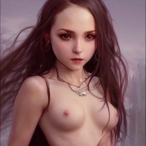 Image similar to Portrait of a beautiful young vampire girl chibi bare midriff, intricate, elegant, highly detailed, digital painting, artstation, concept art, smooth, sharp focus, illustration, art by artgerm and greg rutkowski and alphonse mucha