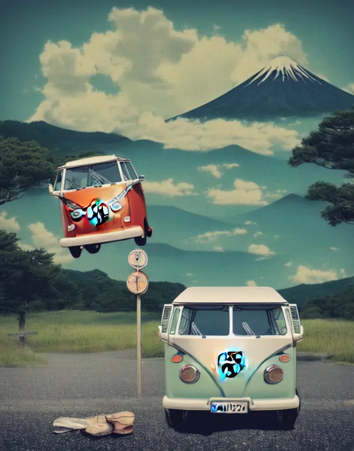 Image similar to vw camper touring rural japan, a collage painting, in the style of wes anderson, lola dupre, david hockney, isolated on negative white space background dark monochrome fluorescent spraypaint accents volumetric octane render, no double figure