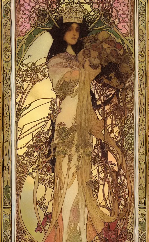 Prompt: the empress, tarot, beautiful border, by alfons maria mucha, highly detailded