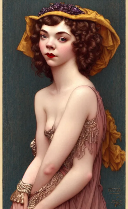 Image similar to portrait en buste flapper girl anya taylor-joy, beth harmon, thomasin, gina gray, casey cooke, traditional corsican, intricate, highly detailed, artstation, illustration, jurgens, rutkowski, bouguereau, mucha, roaring 20s, 1920s gaudy color