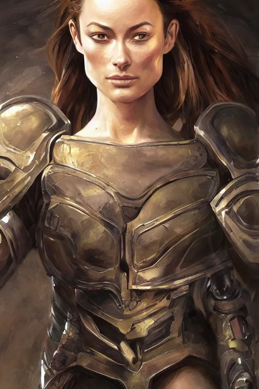 Image similar to a professional painting of a young Olivia Wilde, clothes in military armor, olive skin, long dark hair, beautiful bone structure, symmetrical facial features, intricate, elegant, digital painting, concept art, smooth, sharp focus, illustration, from StarCraft by Ruan Jia and Mandy Jurgens and Artgerm and William-Adolphe Bouguerea