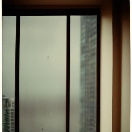 Prompt: woman with her feet on window of high rise condo. Raining outside. Cinestill 800t.