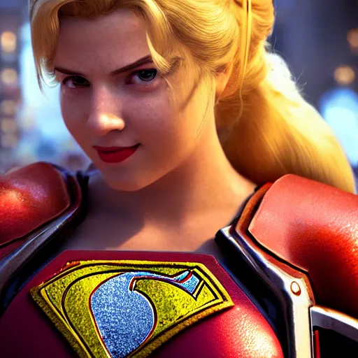 Image similar to portrait of princess peach as superman in gears of war, splash art, movie still, detailed face, photorealistic facial features, cinematic lighting, dramatic, octane render, long lens, shallow depth of field, bokeh, anamorphic lens flare, 8 k, hyper detailed, 3 5 mm film grain