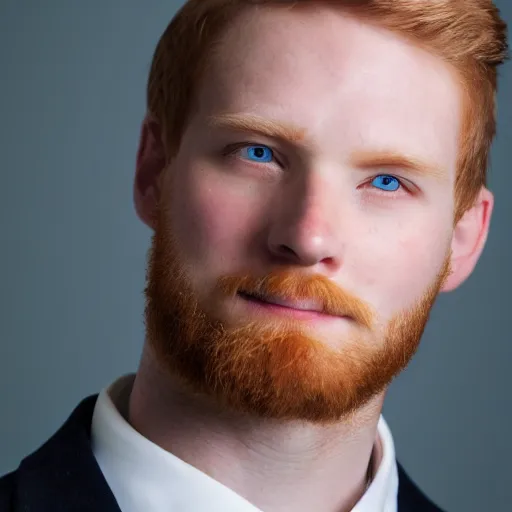 Prompt: angelic Blue eyed ginger young man, corporate portait, headshot, profile