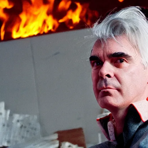 Prompt: David Byrne committing arson, burning down his house