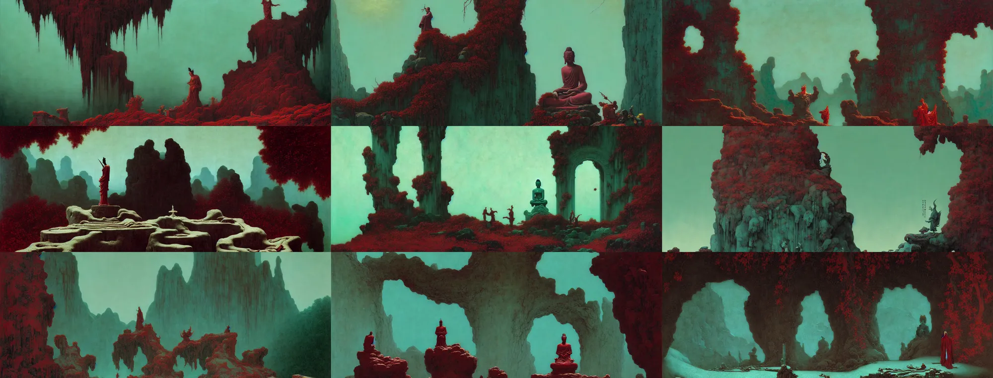 Image similar to a gorgeous bleak autumn painting by barlowe wayne, maxfield parrish, gustave dore and marco mazzoni. close - up shot on a lonely huge chinese buddha statue, broken, stone gate to the dark cave. tiffany blue, maroon, blackish green. the winding stone steps. ultra clear detailed. 3 d, octane render. turbulent blood lake.