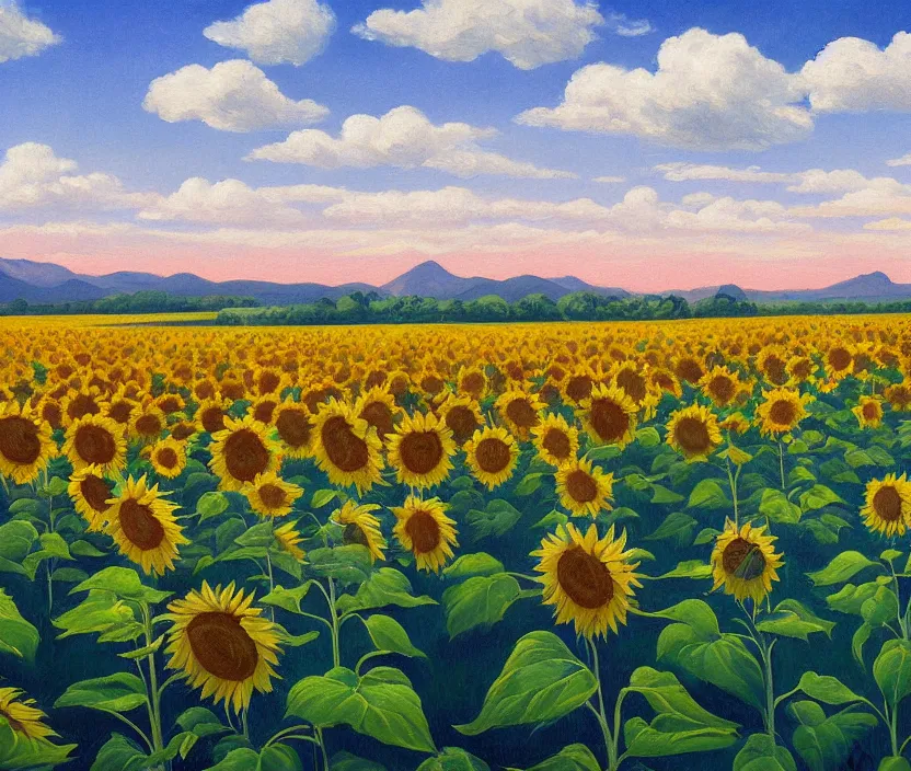 Image similar to a very detailed painting of a sunflower field, baby blue sky with very aesthetic stylized clouds, there is an ad billboard on the field, there are blue mountains in the back, in the style of edward hopper and hugo pondz, very fine brushstrokes, 4 k,