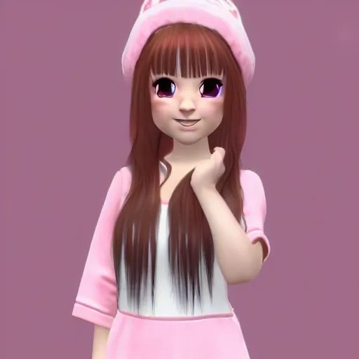 Image similar to Render of Nikki from Shining Nikki Dress-Up Game, a cute 3D young woman, long light pink hair, full bangs, full round face, hazel amber eyes, pale skin, cute freckles, light blush, Chinese heritage, smiling softly, wearing casual clothing, interior lighting, cozy living room background, medium shot, mid-shot, hyperdetailed, trending on Artstation, Unreal Engine 4k