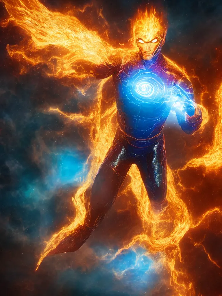 Image similar to human torch, intricate galaxy inlay, ultra high detail, plasma fire internal glow, precise, consciousness projection, astral projection, laser sharp, octane render, unreal render, photo real, 8k, volumetric lighting, high contrast,