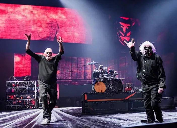 Image similar to publicity photo still of larry david touring with slipknot live on stage, 8 k, live concert lighting, mid shot