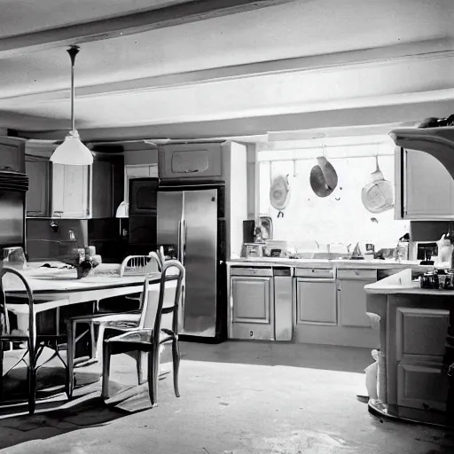 Prompt: gregory crewdson style photograph of a 1 9 5 0's suburban kitchen