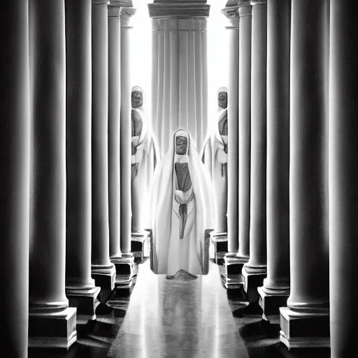 Image similar to nightmare vision, medium depth of field. black and white, award winning photo of smiling levitating twin nuns, wearing translucent sheet, Mary in a sanctuary, mirror hallways, eerie, tall columns, faces emerging from columns, frightening —width 1024 —height 1024