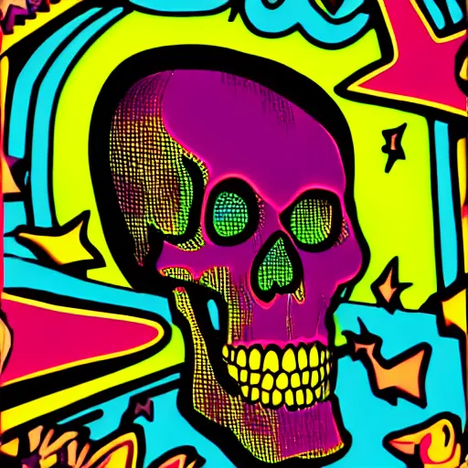 Prompt: neon landscape, skull, comic book