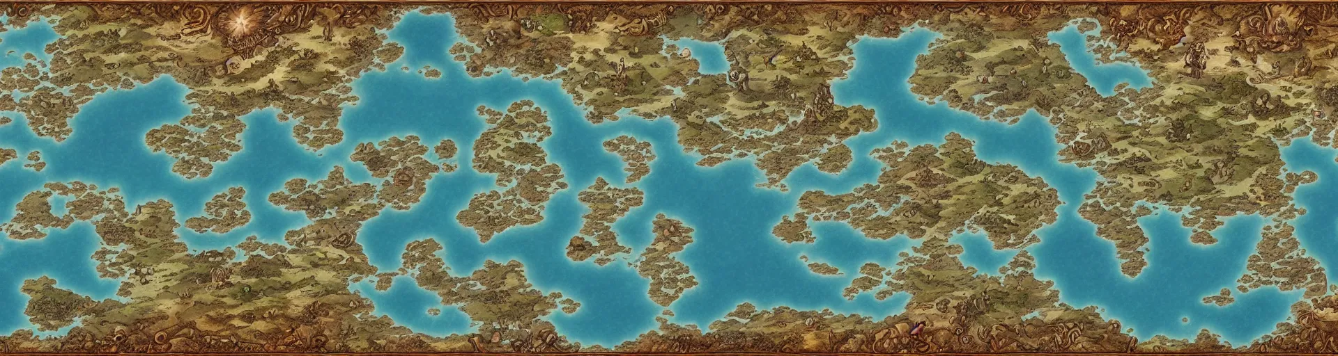 Prompt: fantasy world atlas in the style of an mmorpg world map, 7 0 % ocean, extremely detailed, fantasy, no text, 4 k