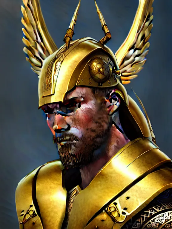 Prompt: portrait of fully armored norse male warrior, brass plated, symmetric golden wings, divine vibes, light brown hair, white skin, shiny golden eyes, pretty, perfect face, sky background, sharp focus, highly detailed, cinematic lighting, studio quality, smooth render, unreal engine 5 rendered, octane, rendered, by artgerm, greg rutkowski, alphonse mucha