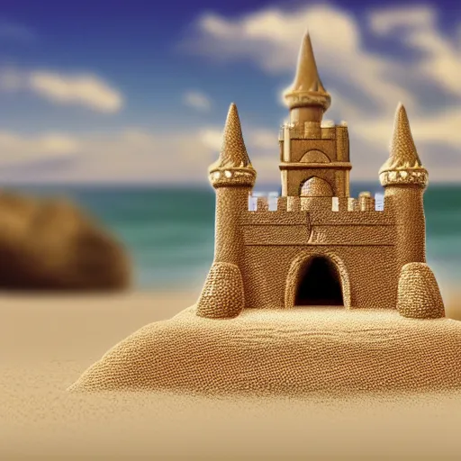 Prompt: illustration of a digital 2d Photorealistic ultradetailed realistic High quality close view of a miniature castle made of sand on a beach ,beach toys, Trending on artstation., symmetrical features, radiant colors