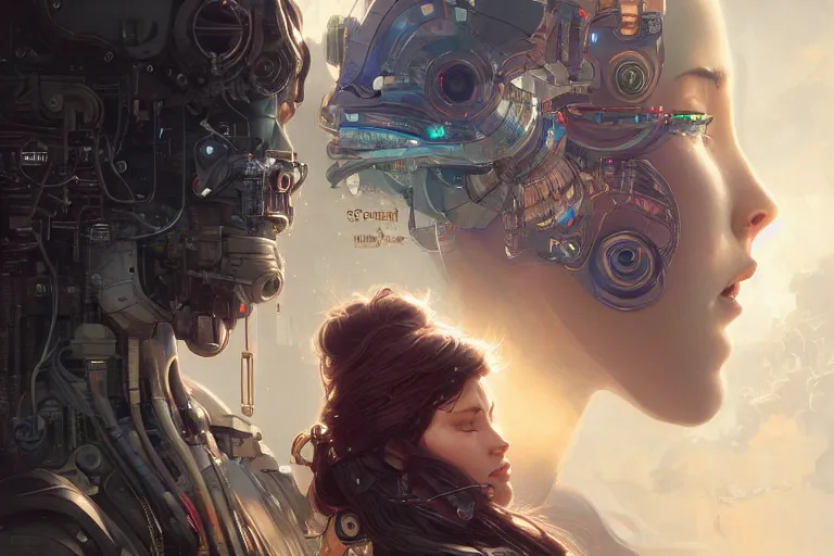 Image similar to Ultra realistic illustration, two women kissing a robot, cyberpunk, sci-fi, fantasy, intricate, elegant, highly detailed, digital painting, artstation, concept art, smooth, sharp focus, illustration, art by artgerm and greg rutkowski and alphonse mucha