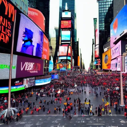 Prompt: photo of moai statues invasion in times square