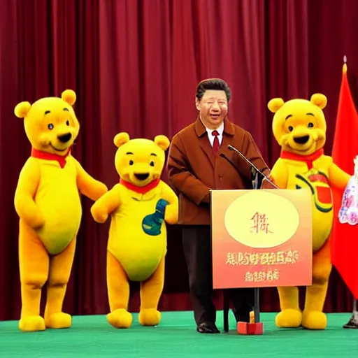 Image similar to Xi Jingping doing a speech dressed as Winnie the Pooh