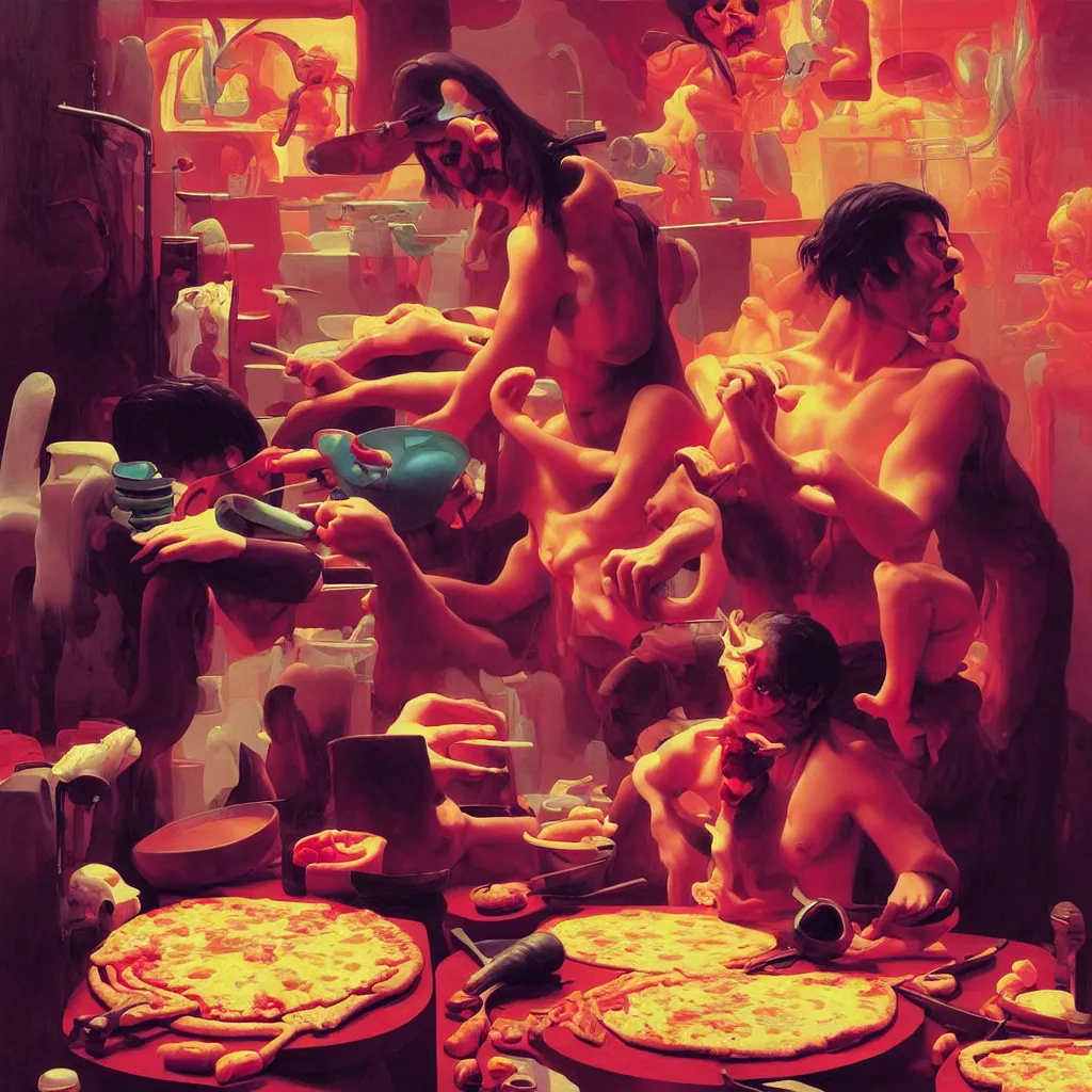 Image similar to weird and disturbing portrait of nick cave baking pizza, vivid colors, death, neon, art by ( ( ( kuvshinov ilya ) ) ) and wayne barlowe and francis bacon and artgerm and wlop and william - adolphe bouguereau