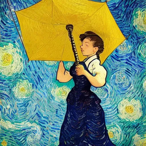 Prompt: girl with an umbrella girl with an umbrella. a walk inside a van gogh painting is a starry night. inside the painting. see everything from the inside. clearly detailed. dramatic.