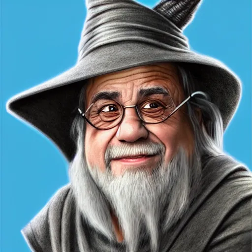 Image similar to portrait danny devito as gandalf, deviantart, smile, ultra realistic illustration, final fantasy, high quality, full color