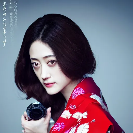 Image similar to Japanese Emmy Rossum wearing kimono, realistic, photo studio, HDR, 8k, trending on artstation